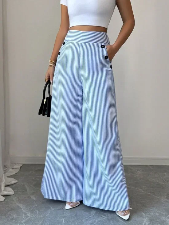 Blue And White Elegant Women's High-Waisted Slim Straight Pants - Picture 5 of 7